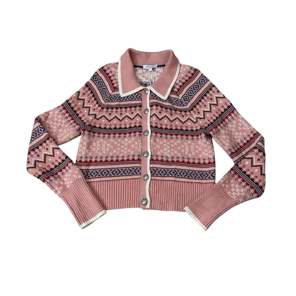 Veronica Beard Cheshire Cardigan in Rose Fair Isle Cotton Sweater Size L